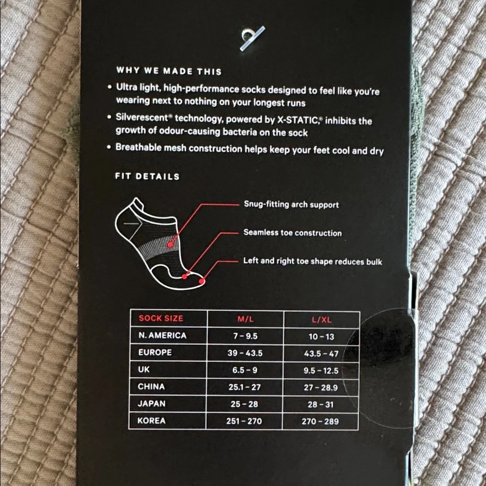 Lululemon Men’s Surge Sock *Silver Size M/L NWT